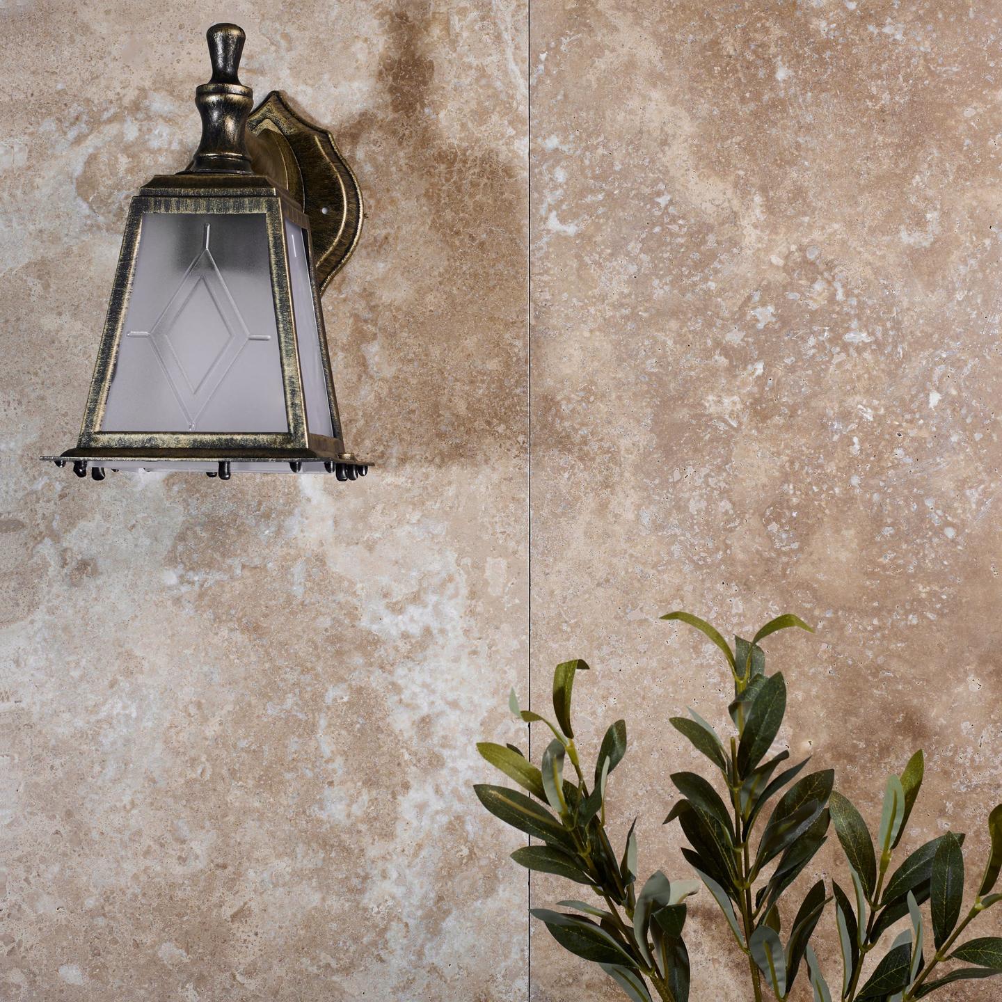 Travertine wall tiles in warm beige tones
