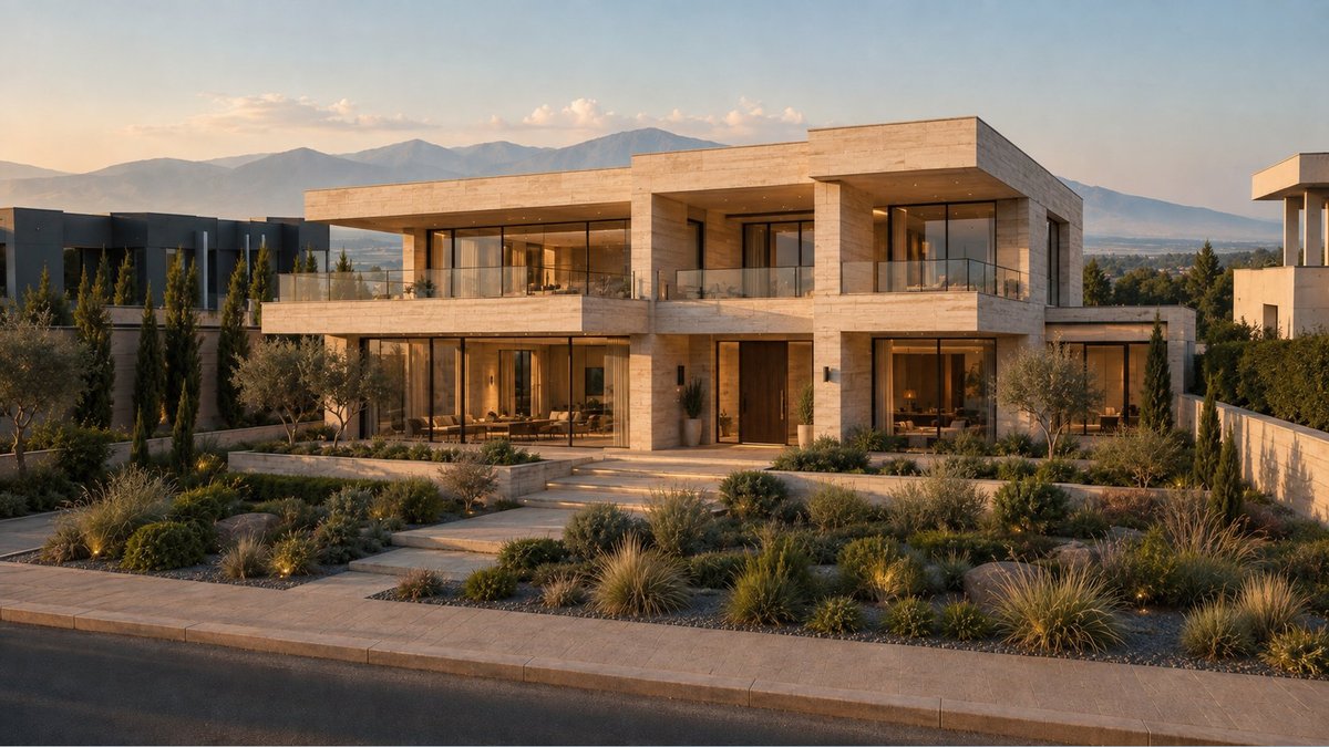 Visualisation: the finished house clad in travertine, glazed, landscaped, warm light in the windows