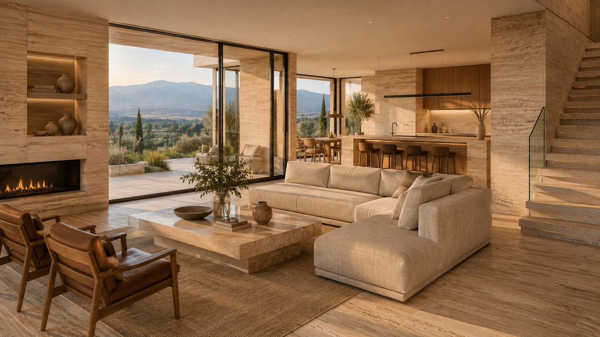 Visualisation: a modern building fully clad in Armenian travertine, seen from a low angle