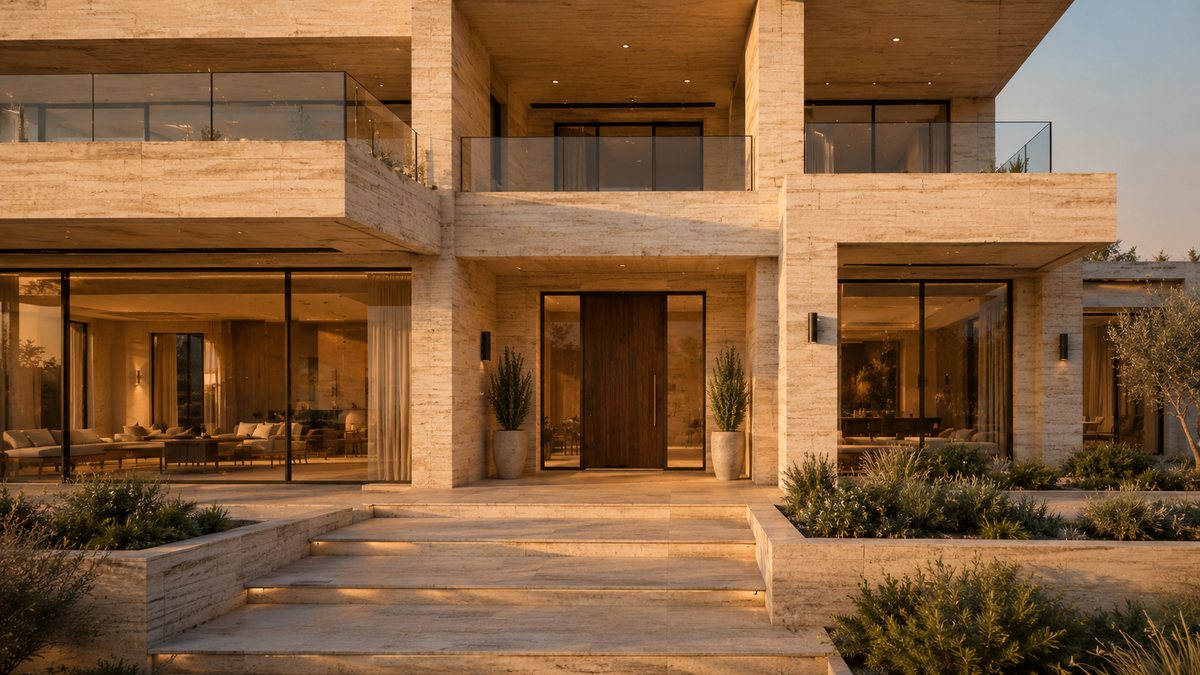 Visualisation: a two-storey house clad in travertine, seen from the road in daylight