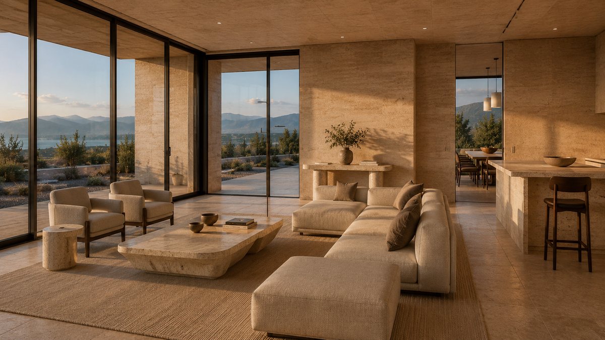 Visualisation: the same travertine-clad house at dusk, lit from within