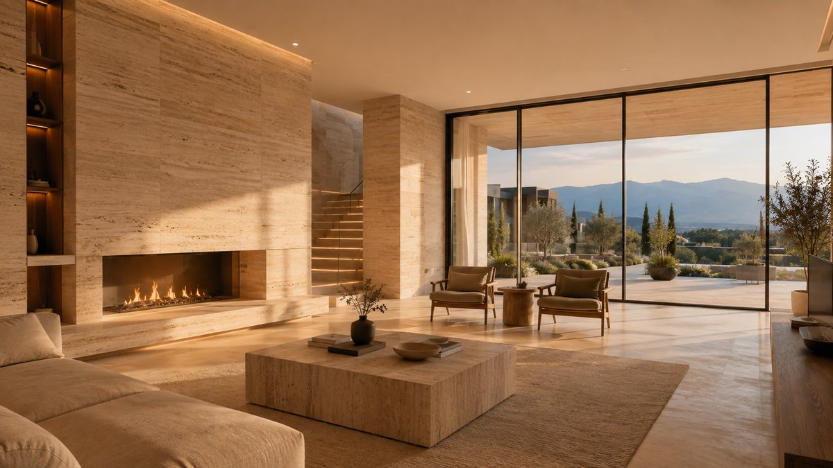 Visualisation: an interior with a travertine wall, a long fireplace and a view over the valley