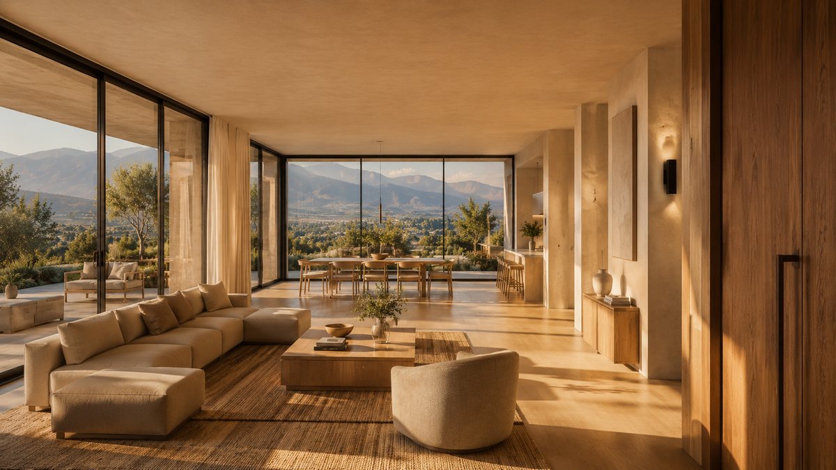 Visualisation: a living room with travertine floor and walls, dining beyond, mountains through glass