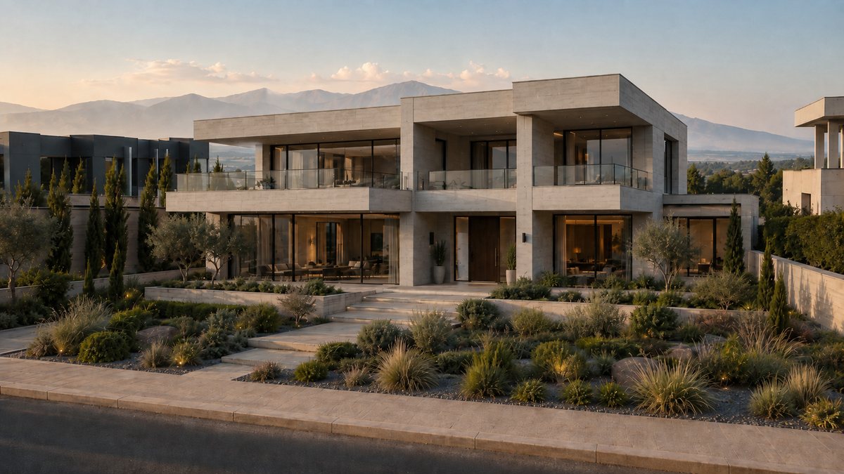 Visualisation: an open living space with a fireplace and kitchen, all in travertine