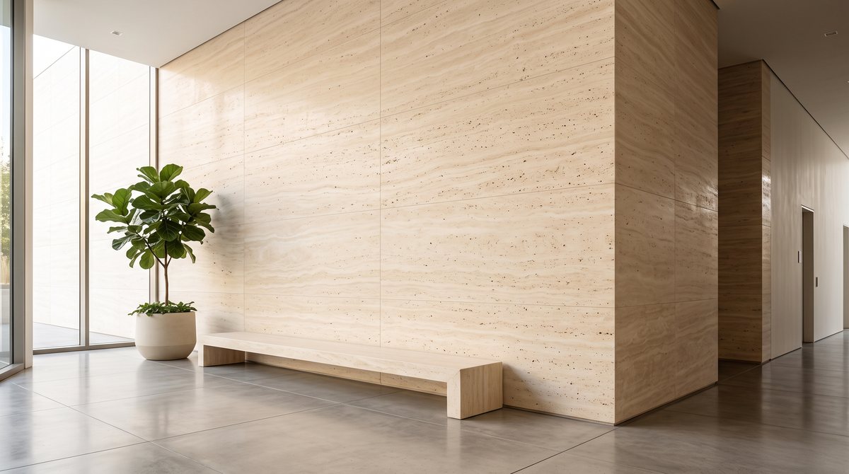 Visualisation: a minimalist lobby with a travertine feature wall and stone bench