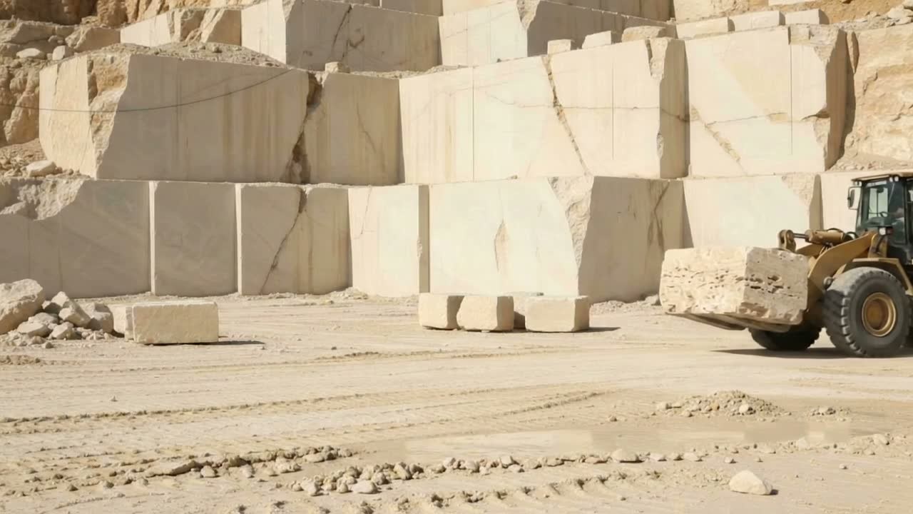 A wheel loader carrying travertine blocks in the quarry at the Ararat deposit